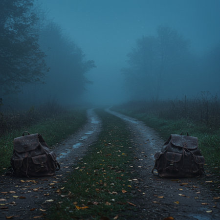 Rural dirt road in a mysterious foggy forest. Halloween concept.の素材
