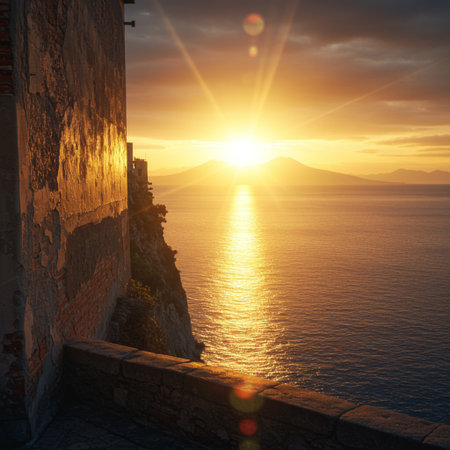 Sunset over the sea in Sorrento, Campania, Italyの素材