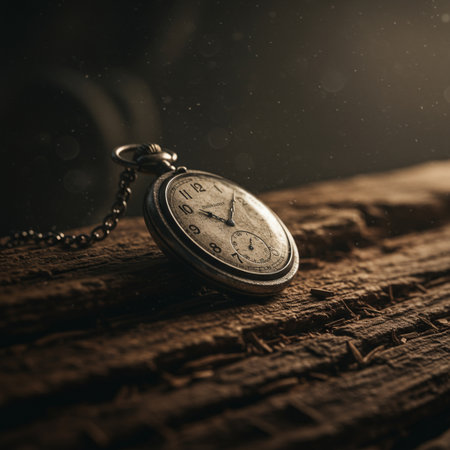 Vintage pocket watch on a wooden background. Selective focus.の素材