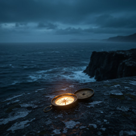 Compass and sea at night. Concept of travel and adventure.の素材