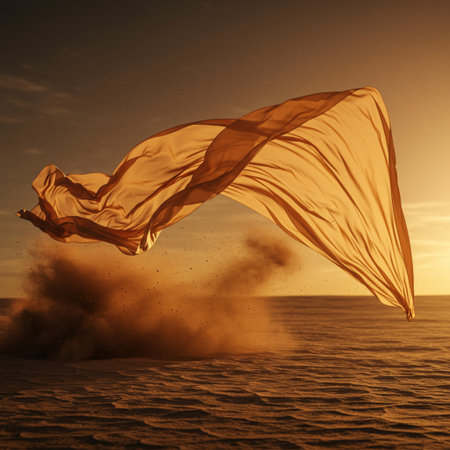 Cloth in the desert against a sunset sky. 3d rendering.の素材