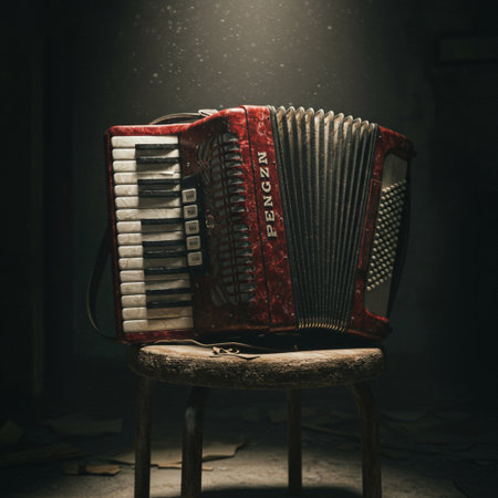 Old accordion on a chair in a dark room, retro styleの素材