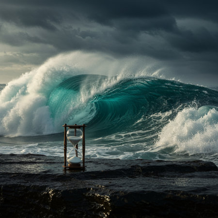 Stormy ocean wave with sandglass on rocks. Toned.の素材