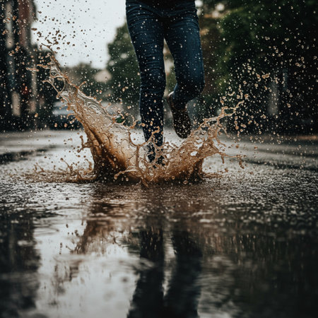 Female legs in jeans jumping on a puddle with splashes of waterの素材