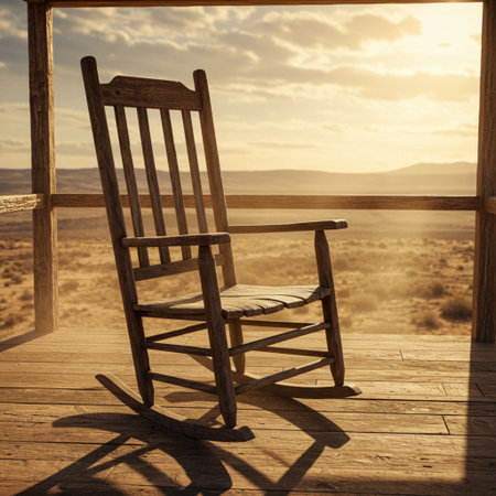 Wooden rocking chair on a terrace overlooking the mountains at sunsetの素材