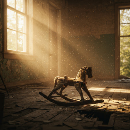 Wooden toy rocking horse in the interior of an old abandoned buildingの素材