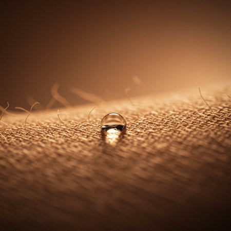 Water drop on brown fabric background. Shallow depth of field.の素材