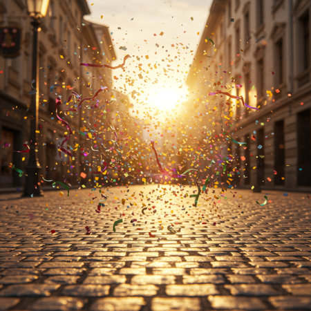 Colorful confetti on the city street at sunset. Celebration conceptの素材