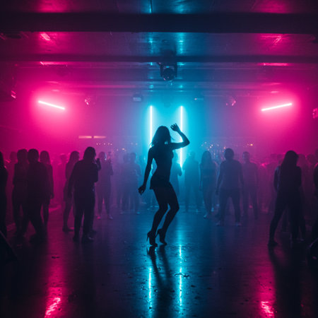 silhouette of a girl dancing in a nightclub with colored lightsの素材