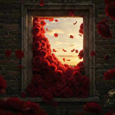 Beautiful red roses in the window at sunset. 3d renderingの素材