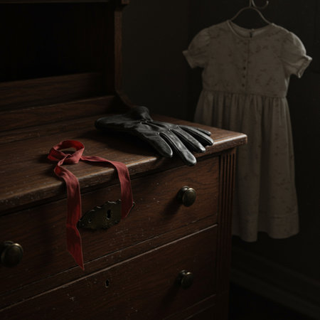 A pair of gloves on a chest of drawers with a red ribbonの素材