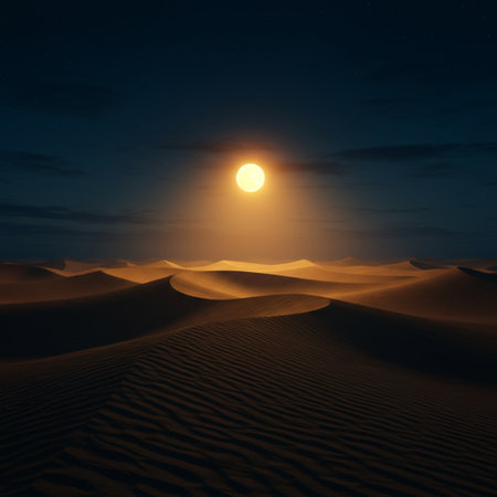 Desert sand dunes at night with full moon. 3d renderの素材