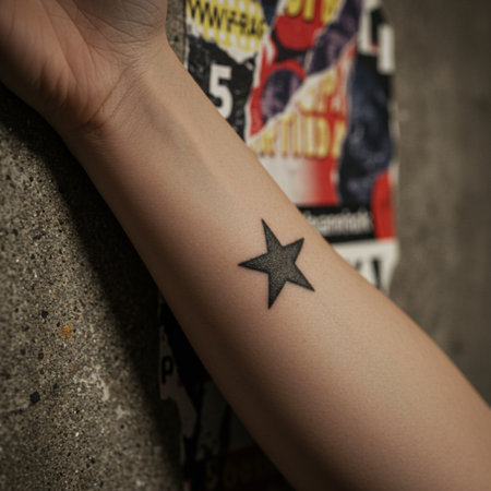 Tattooed female hand with a star tattoo on the armの素材