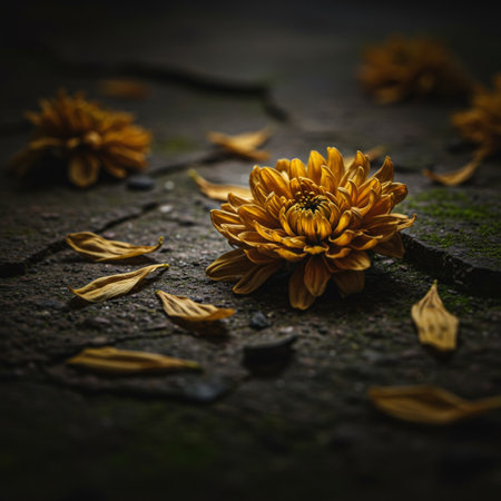 Dry yellow chrysanthemum flower on the ground.の素材