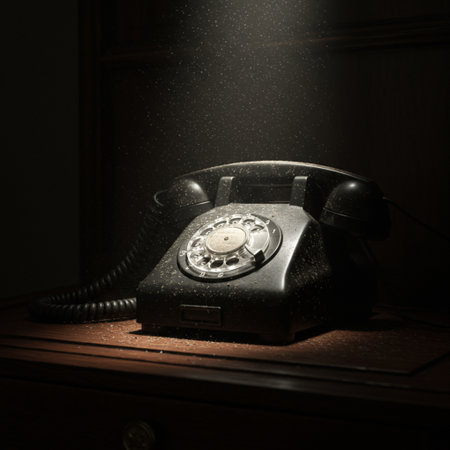 Retro telephone on wooden table in dark room. Shallow depth of fieldの素材