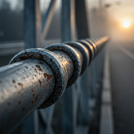 Railway bridge over the river at sunrise. Shallow depth of field.の素材