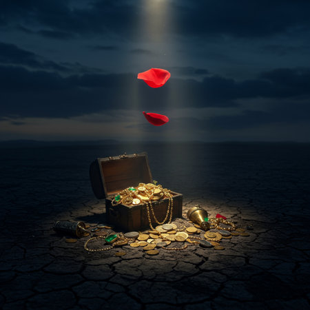 Treasure chest with gold coins and red hearts flying out of itの素材