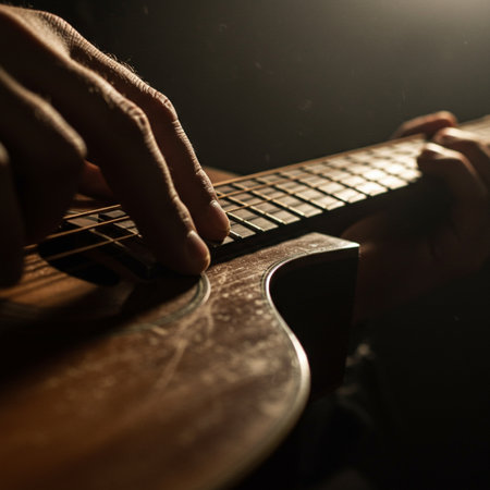 Man playing acoustic guitar on dark background, close-up. Music conceptの素材