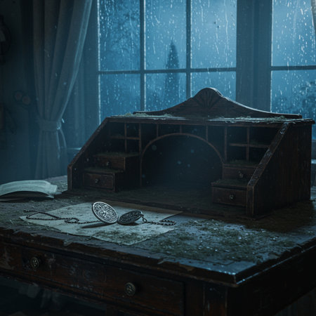 Wooden chest in the dark room with window and rain drops.の素材