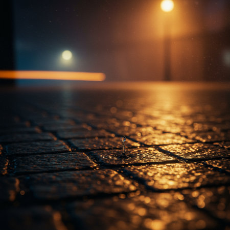 Cobblestone pavement in the rain at night. Abstract backgroundの素材