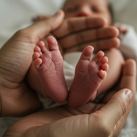 Newborn baby feet in mother's hands. Selective focus.の素材