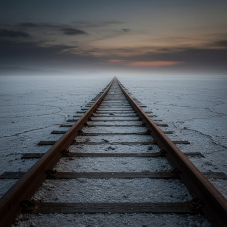 Railway tracks disappearing into the horizon at sunset in winter. Long exposure.の素材