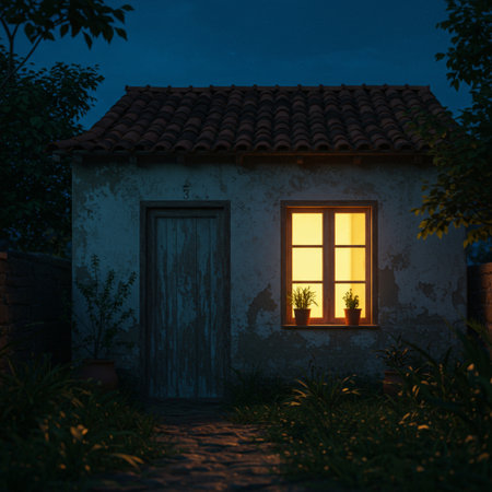 3D render of an old abandoned house in the garden at nightの素材