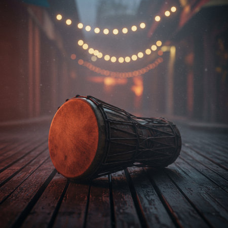 Wooden djembe drum on a wooden floor in the darkの素材