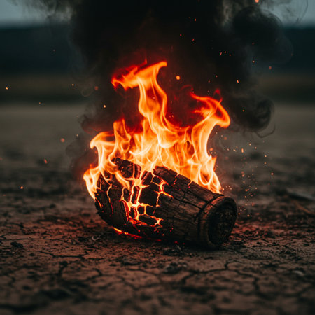 Burning firewood on a background of dry soil. Close-upの素材