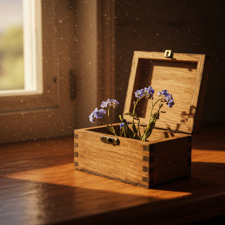 Small wooden box with blue forget-me-not flowers on the windowsillの素材