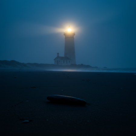 Lighthouse on the beach in the fog. Long exposure shot.の素材
