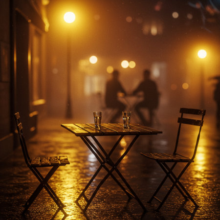 Tables and chairs in a street cafe on a foggy nightの素材