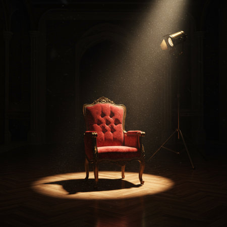 red chair in a dark room illuminated by spotlights with a spotlightの素材