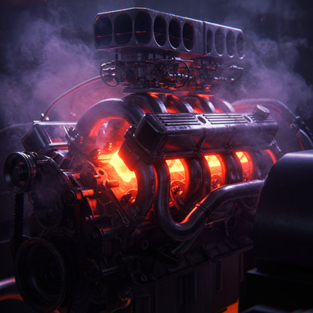 Close up view of the engine of a car in a dark room.の素材