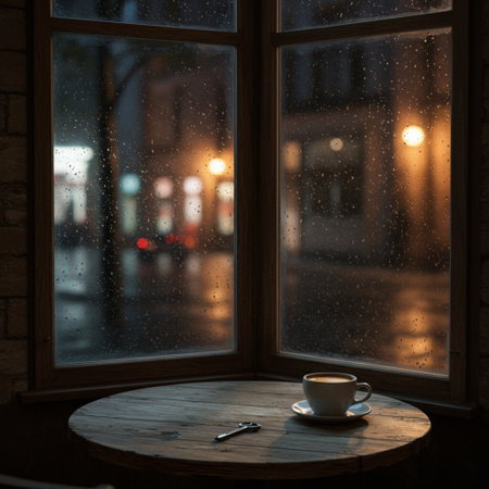 Cup of coffee on a wooden table in front of a rainy windowの素材