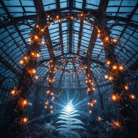 Christmas tree in a greenhouse with garlands of light bulbs and Christmas lightsの素材