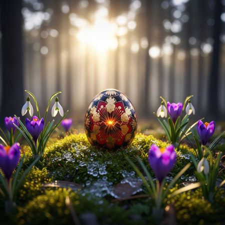Easter egg in the forest with spring crocuses. Easter concept.の素材