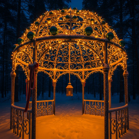 Beautiful gazebo in the winter forest at night.の素材
