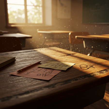 Empty wooden table in a school classroom. Back to school concept.の素材