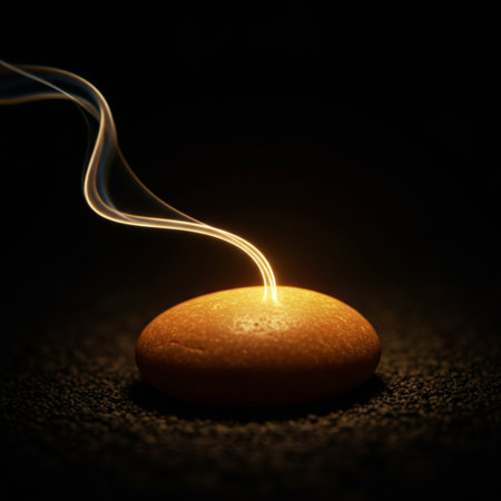 Burning incense stick with smoke on dark background, close upの素材