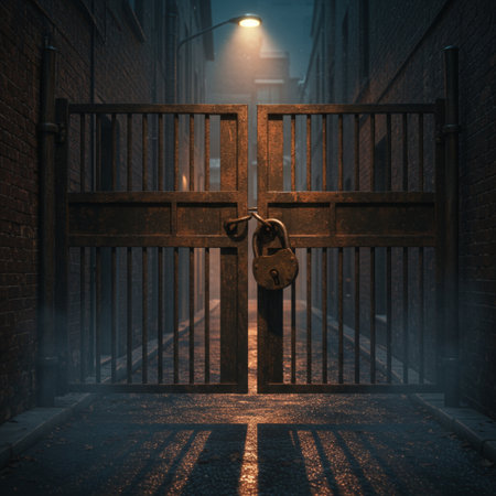 Old lock on the door at night. 3d render illustration.の素材
