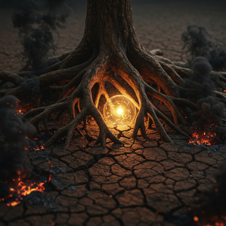Fantasy landscape with tree roots and glowing light ball. 3D renderingの素材