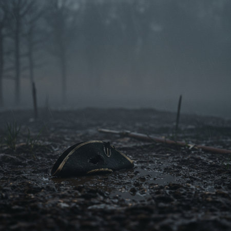 Abandoned hunting hat in the middle of a swamp with fog.の素材