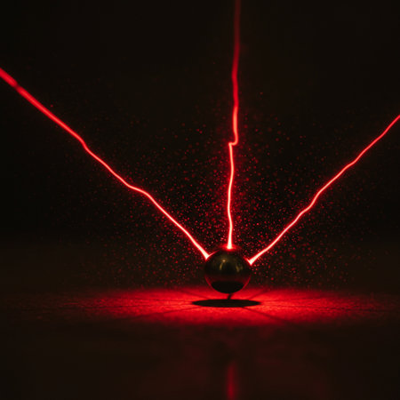 Abstract image of a metal ball on a dark background with a laser beamの素材