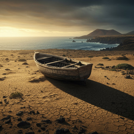 Fishing boat on the beach at sunset, Canary Islands, Spainの素材