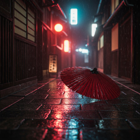 Traditional Japanese umbrella in the street at night. Selective focus.の素材