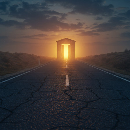 Conceptual image with a door in the middle of the roadの素材