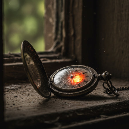 vintage pocket watch on a window sill in a dark room.の素材