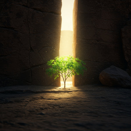 Green tree growing through the hole in the stone wall at sunset.の素材