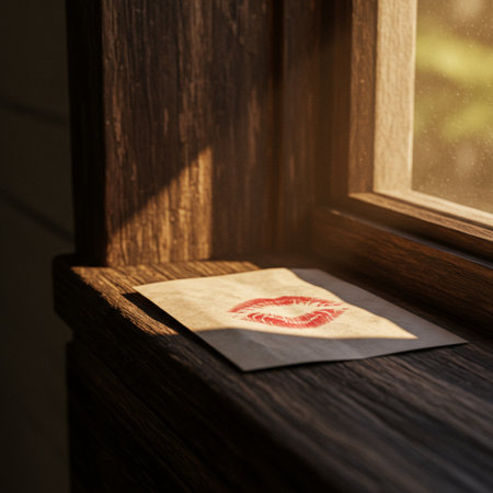 Red lipstick kiss on a piece of paper on a wooden window sillの素材